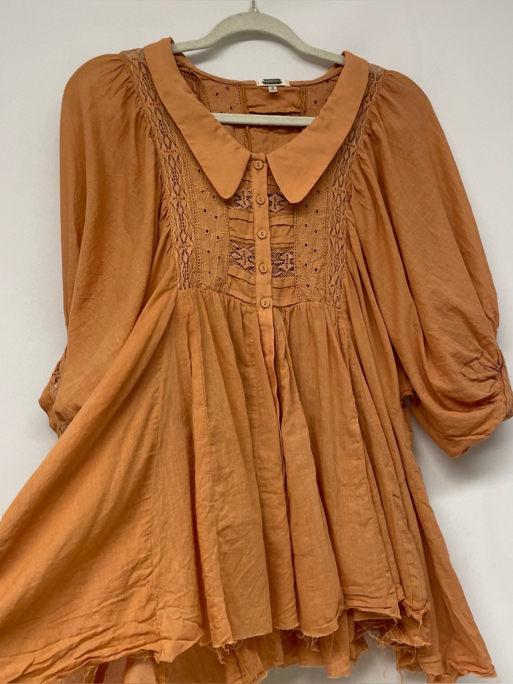 Gimmicks Rust Rust Collared Oversized Boho Peasant Lace Trim Blouse Top Dress S - Picture 1 of 11